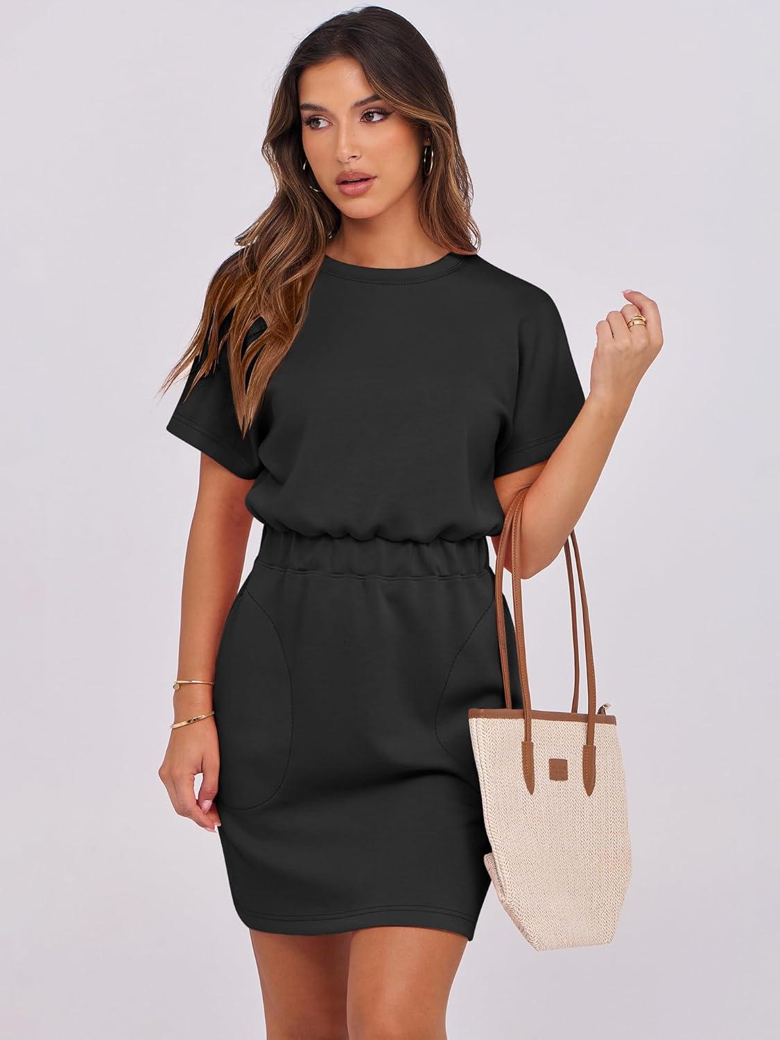 imageANRABESS Womens Dresses 2025 Summer Casual Short Sleeve Crew Neck Elastic Waist Mini T Shirt Dress with PocketsBlack
