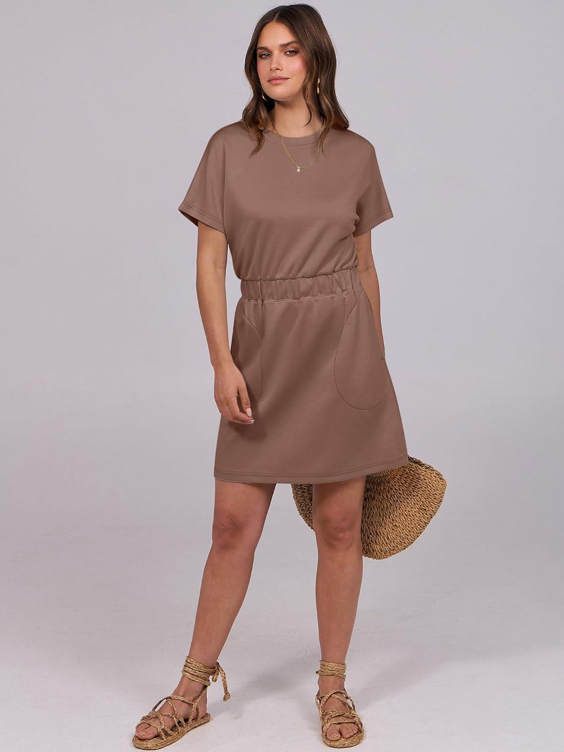 imageANRABESS Womens Dresses 2025 Summer Casual Short Sleeve Crew Neck Elastic Waist Mini T Shirt Dress with PocketsBrown