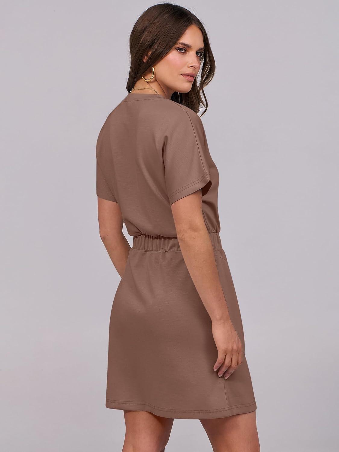 imageANRABESS Womens Dresses 2025 Summer Casual Short Sleeve Crew Neck Elastic Waist Mini T Shirt Dress with PocketsBrown