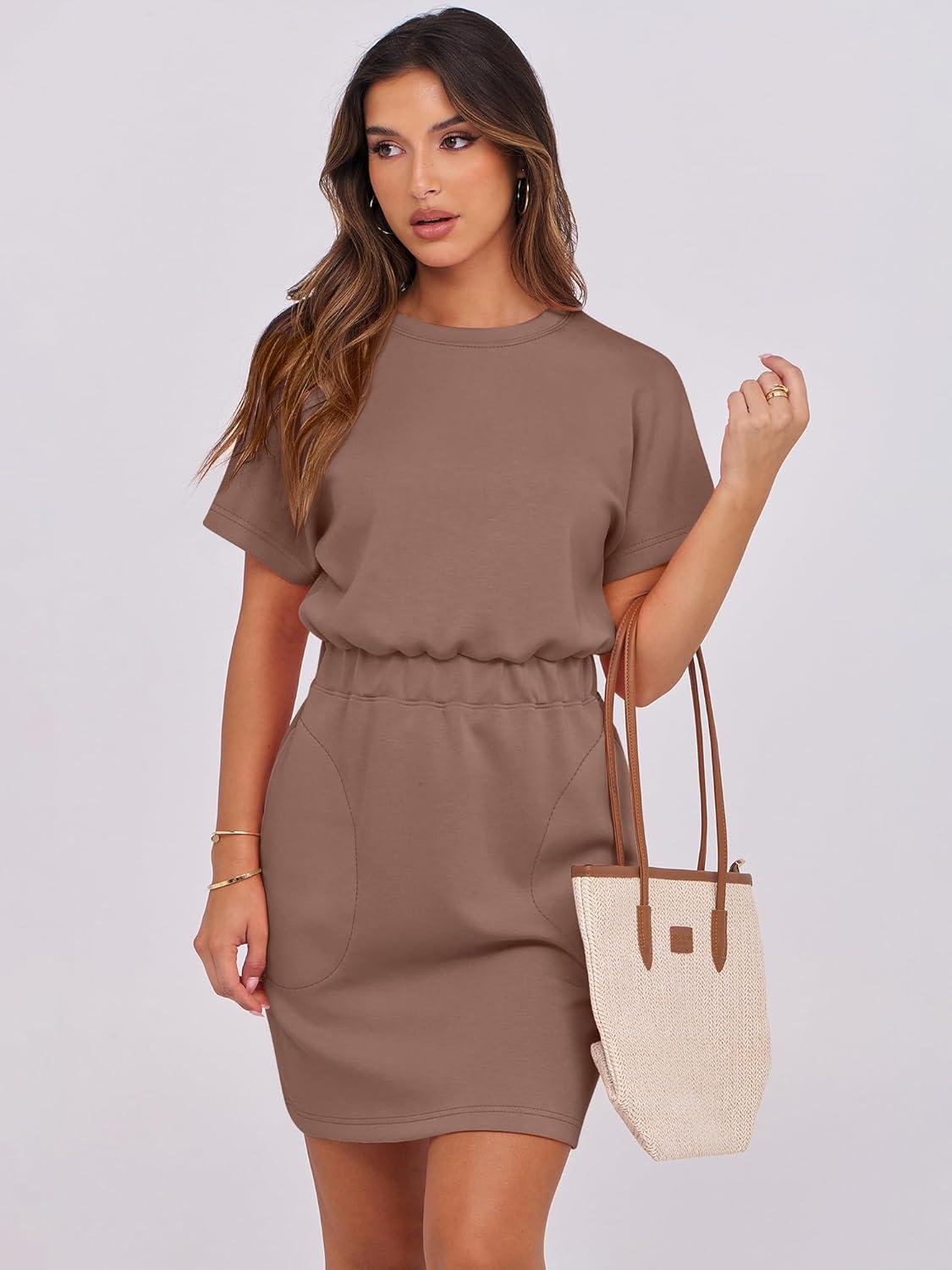 imageANRABESS Womens Dresses 2025 Summer Casual Short Sleeve Crew Neck Elastic Waist Mini T Shirt Dress with PocketsBrown