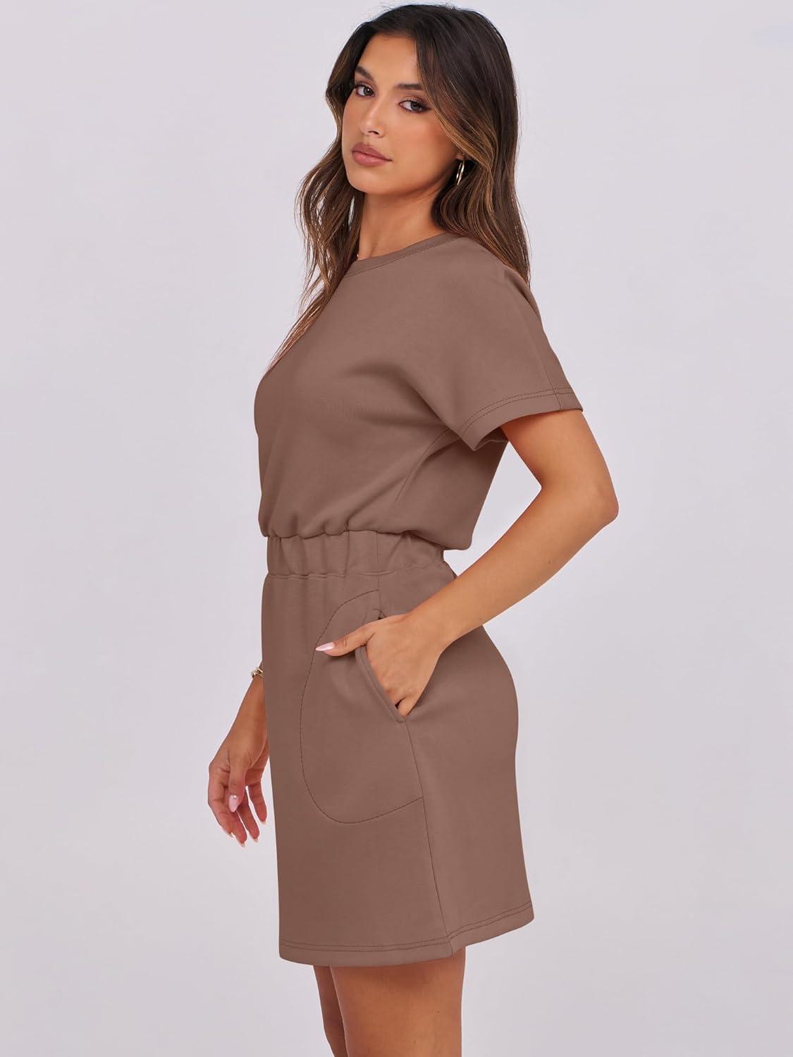 imageANRABESS Womens Dresses 2025 Summer Casual Short Sleeve Crew Neck Elastic Waist Mini T Shirt Dress with PocketsBrown