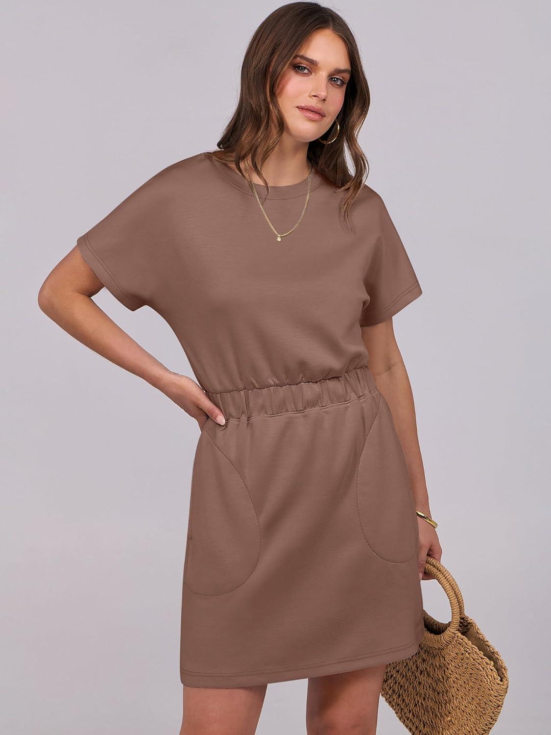 imageANRABESS Womens Dresses 2025 Summer Casual Short Sleeve Crew Neck Elastic Waist Mini T Shirt Dress with PocketsBrown