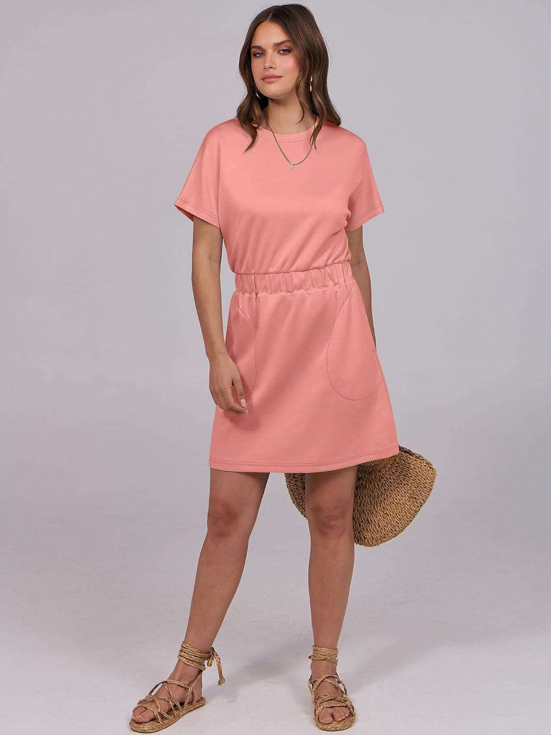 imageANRABESS Womens Dresses 2025 Summer Casual Short Sleeve Crew Neck Elastic Waist Mini T Shirt Dress with PocketsCoral