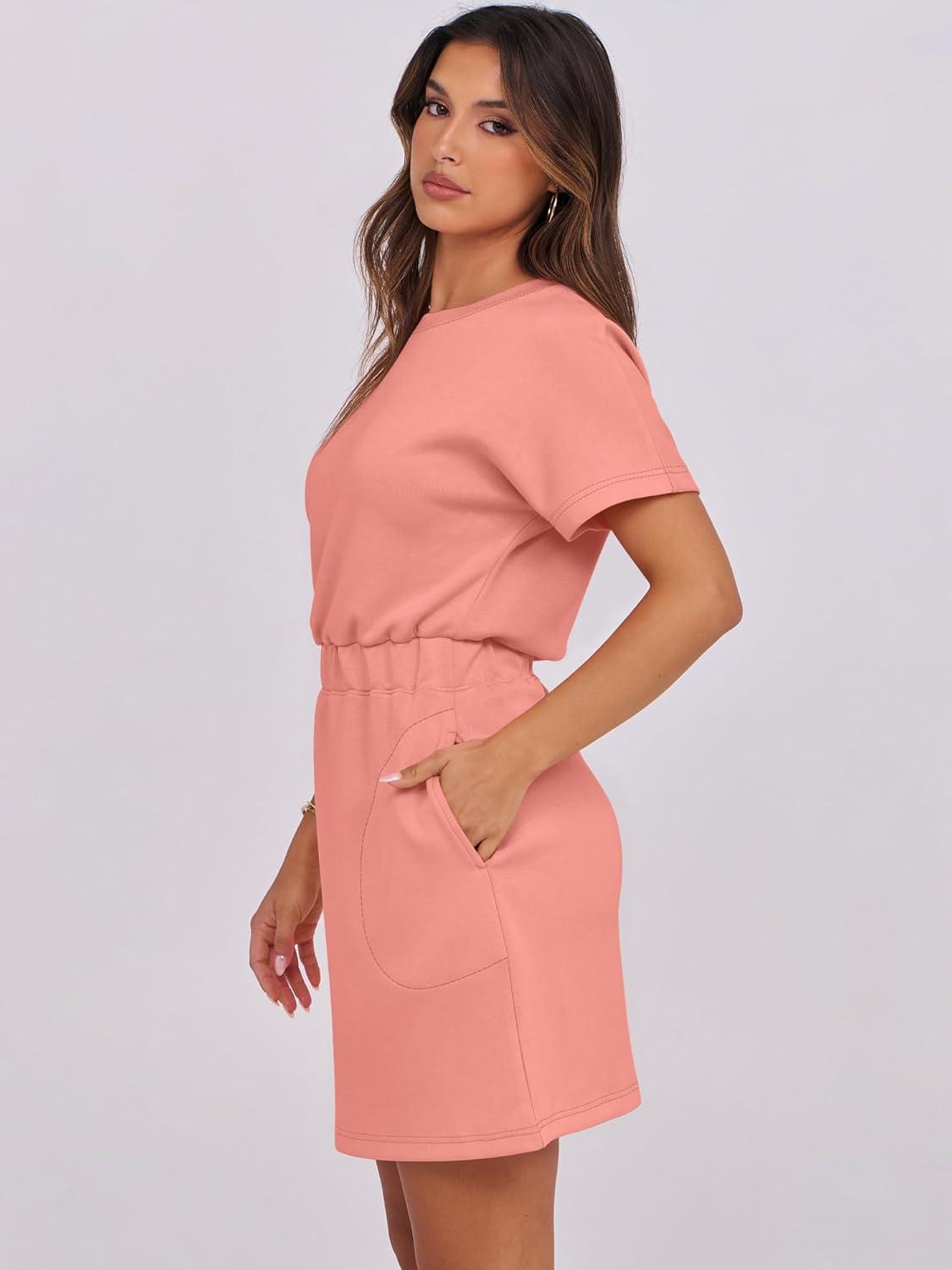 imageANRABESS Womens Dresses 2025 Summer Casual Short Sleeve Crew Neck Elastic Waist Mini T Shirt Dress with PocketsCoral
