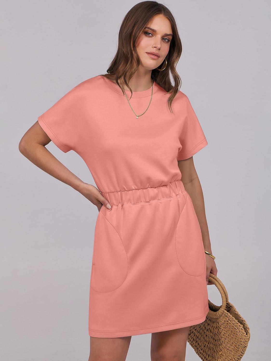 imageANRABESS Womens Dresses 2025 Summer Casual Short Sleeve Crew Neck Elastic Waist Mini T Shirt Dress with PocketsCoral