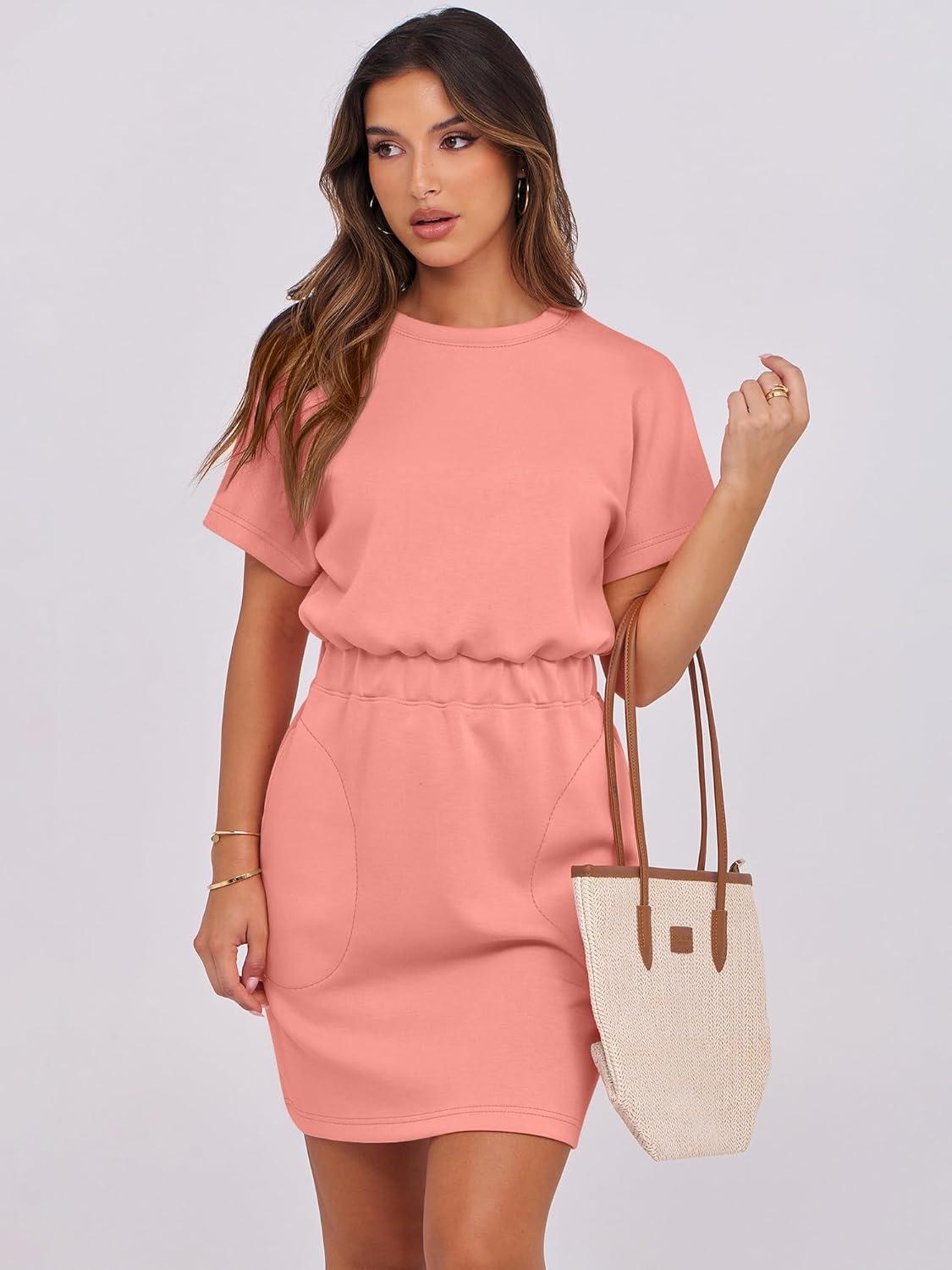 imageANRABESS Womens Dresses 2025 Summer Casual Short Sleeve Crew Neck Elastic Waist Mini T Shirt Dress with PocketsCoral