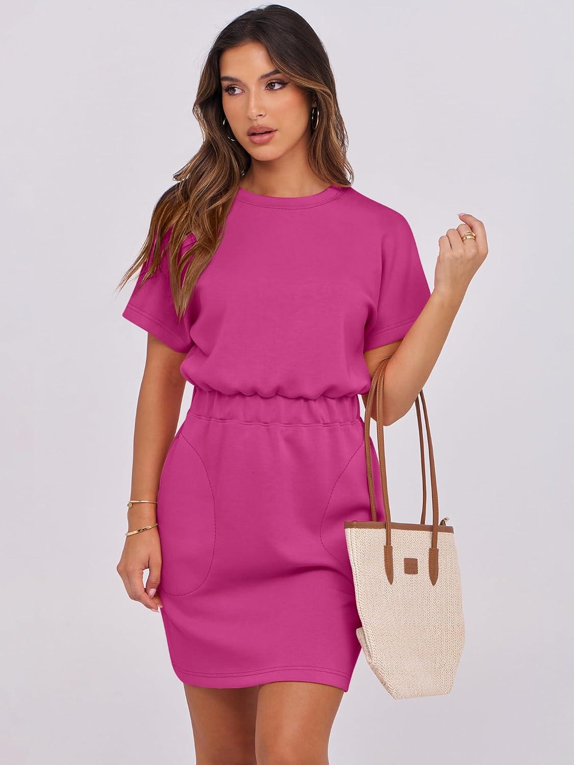 imageANRABESS Womens Dresses 2025 Summer Casual Short Sleeve Crew Neck Elastic Waist Mini T Shirt Dress with PocketsHot Pink