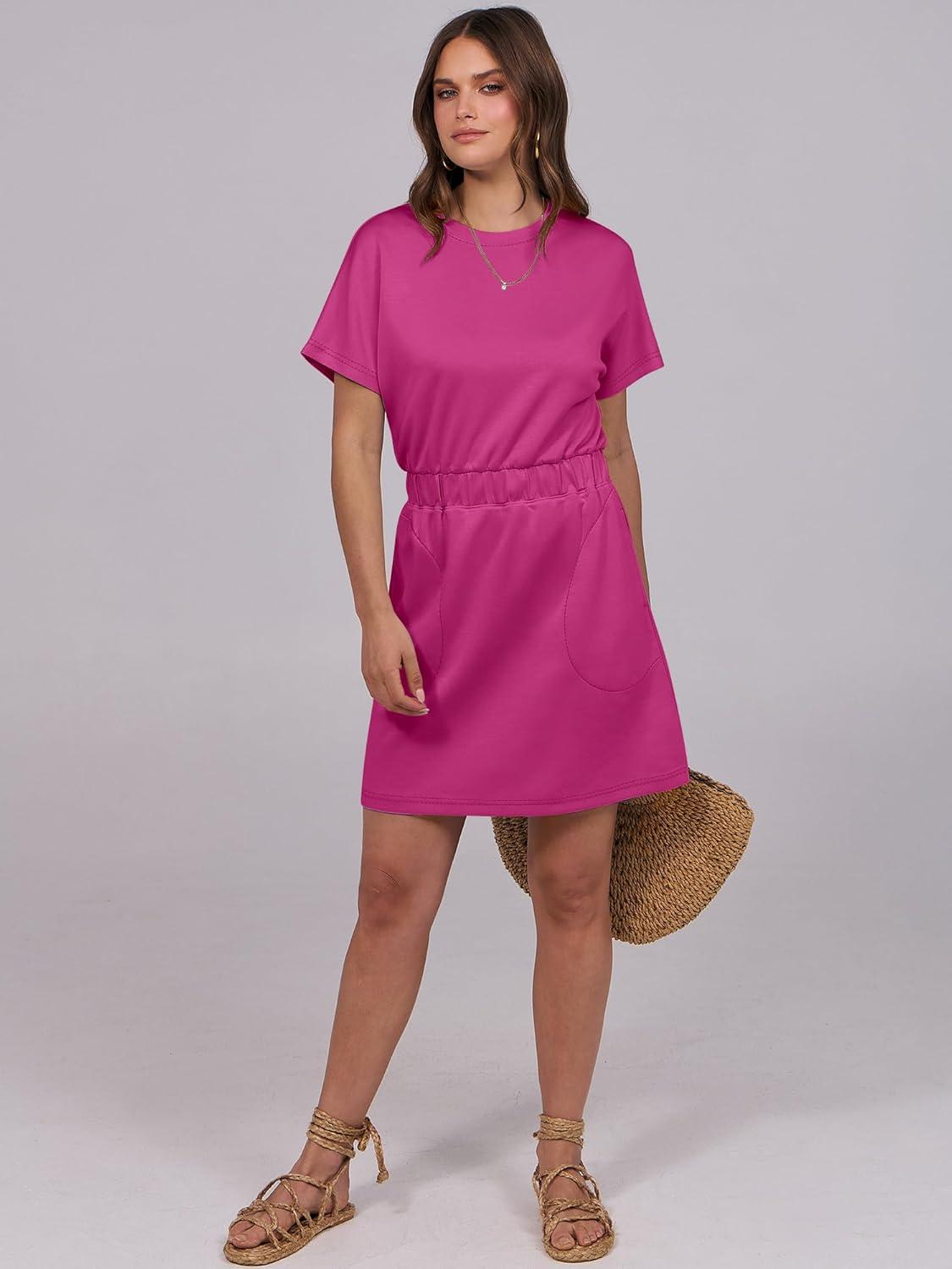 imageANRABESS Womens Dresses 2025 Summer Casual Short Sleeve Crew Neck Elastic Waist Mini T Shirt Dress with PocketsHot Pink