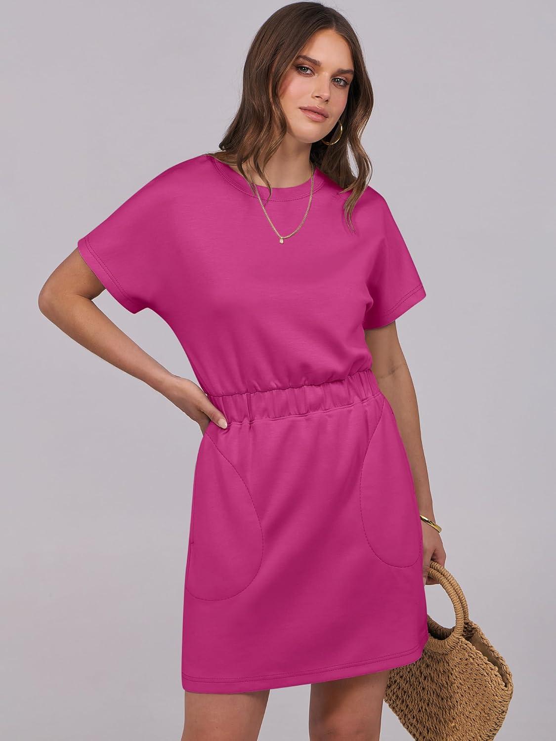imageANRABESS Womens Dresses 2025 Summer Casual Short Sleeve Crew Neck Elastic Waist Mini T Shirt Dress with PocketsHot Pink
