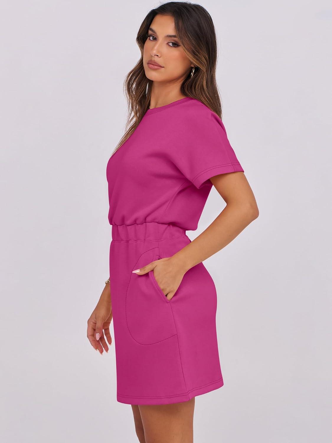 imageANRABESS Womens Dresses 2025 Summer Casual Short Sleeve Crew Neck Elastic Waist Mini T Shirt Dress with PocketsHot Pink