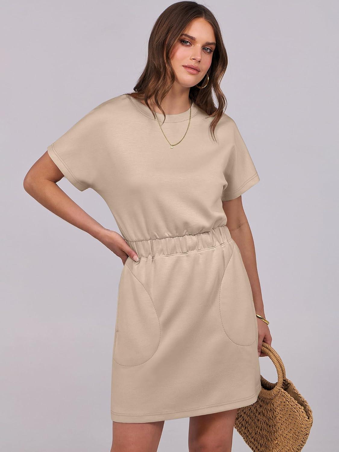imageANRABESS Womens Dresses 2025 Summer Casual Short Sleeve Crew Neck Elastic Waist Mini T Shirt Dress with PocketsKhaki