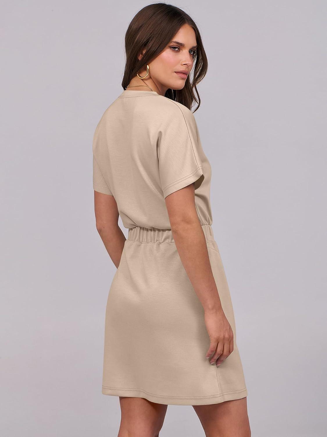 imageANRABESS Womens Dresses 2025 Summer Casual Short Sleeve Crew Neck Elastic Waist Mini T Shirt Dress with PocketsKhaki