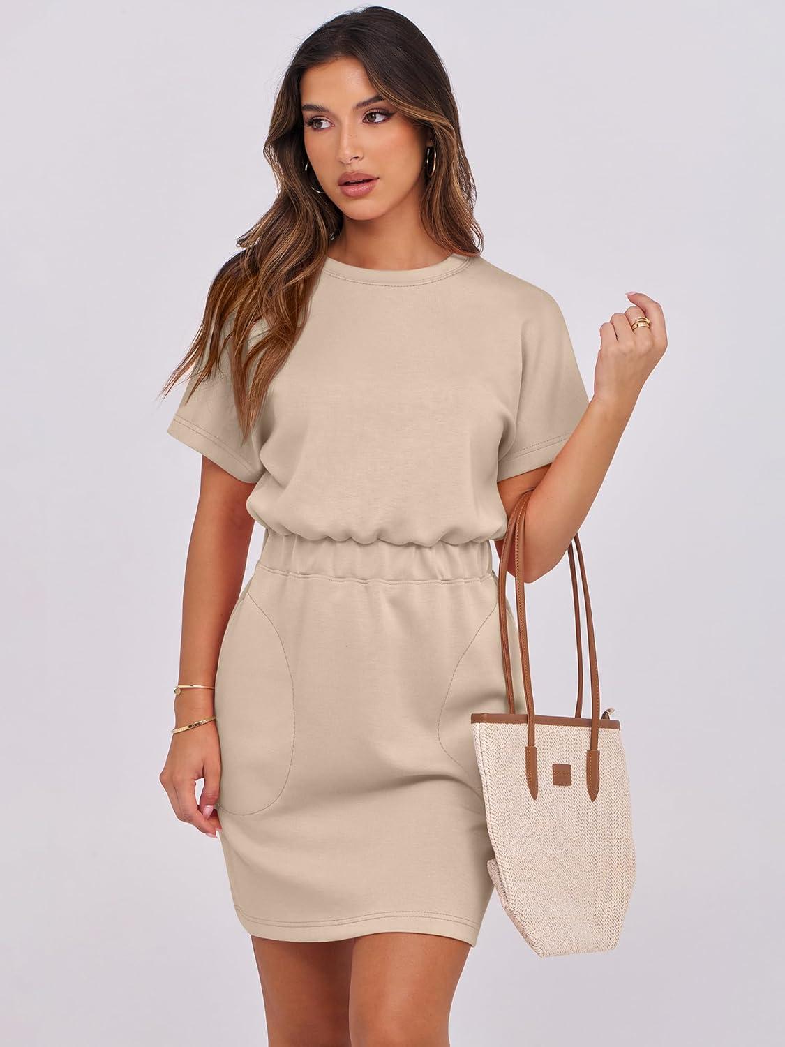 imageANRABESS Womens Dresses 2025 Summer Casual Short Sleeve Crew Neck Elastic Waist Mini T Shirt Dress with PocketsKhaki