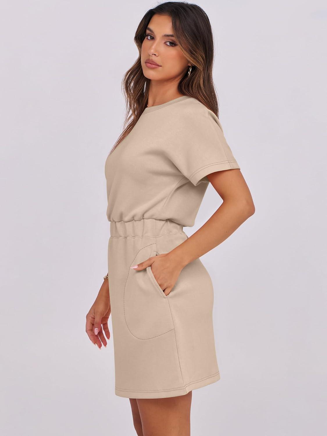 imageANRABESS Womens Dresses 2025 Summer Casual Short Sleeve Crew Neck Elastic Waist Mini T Shirt Dress with PocketsKhaki