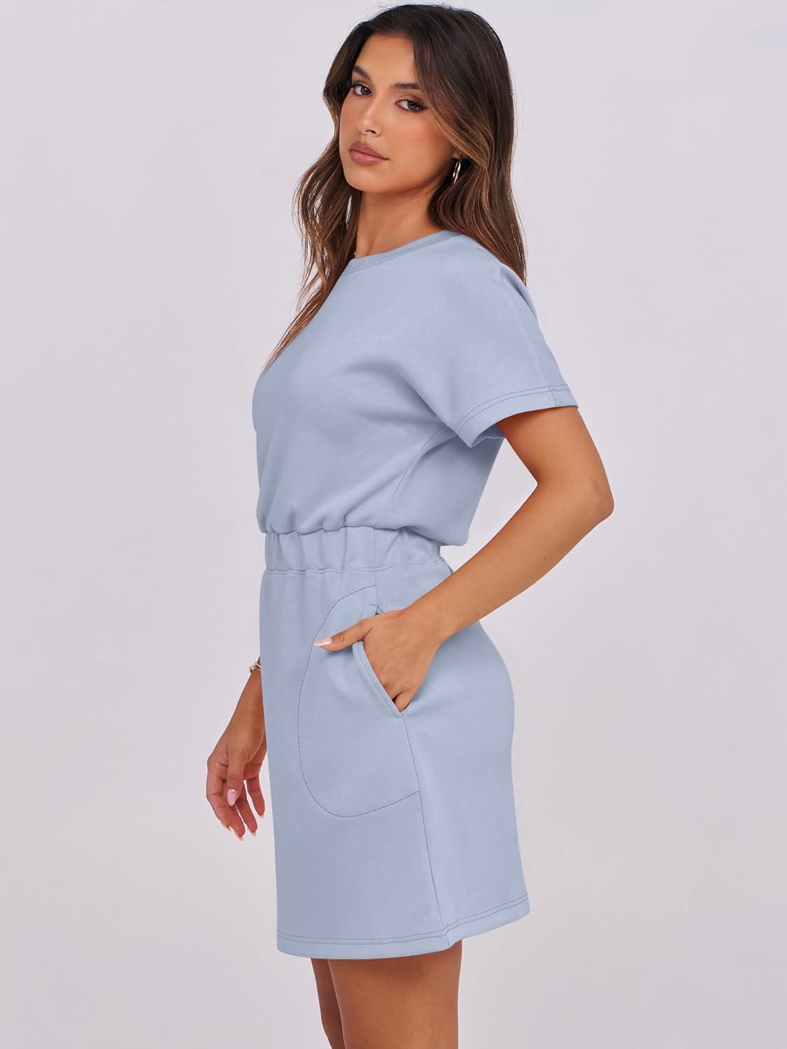 imageANRABESS Womens Dresses 2025 Summer Casual Short Sleeve Crew Neck Elastic Waist Mini T Shirt Dress with PocketsLight Blue