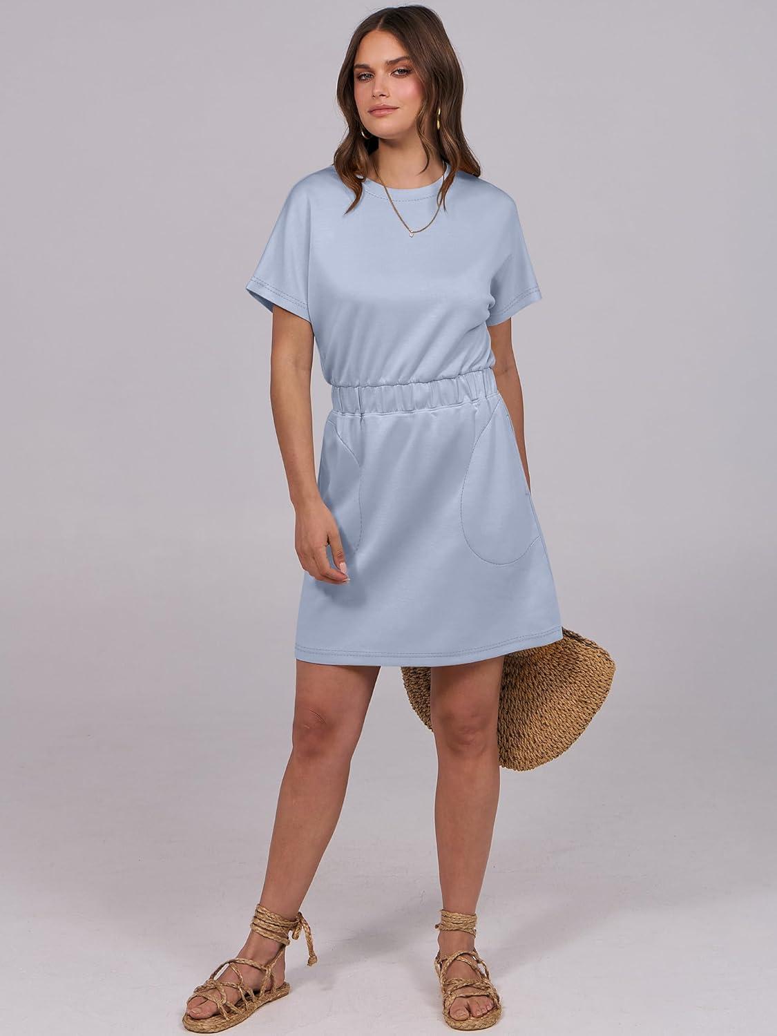 imageANRABESS Womens Dresses 2025 Summer Casual Short Sleeve Crew Neck Elastic Waist Mini T Shirt Dress with PocketsLight Blue