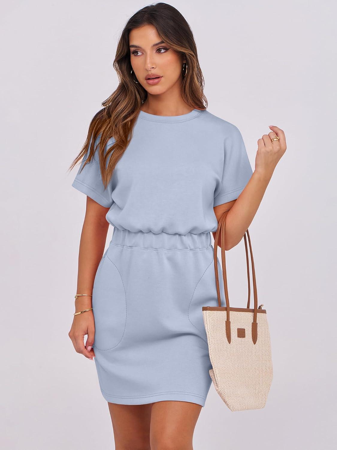 imageANRABESS Womens Dresses 2025 Summer Casual Short Sleeve Crew Neck Elastic Waist Mini T Shirt Dress with PocketsLight Blue