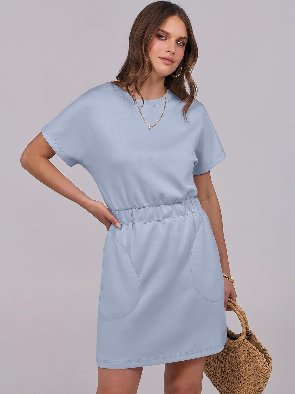 imageANRABESS Womens Dresses 2025 Summer Casual Short Sleeve Crew Neck Elastic Waist Mini T Shirt Dress with PocketsLight Blue