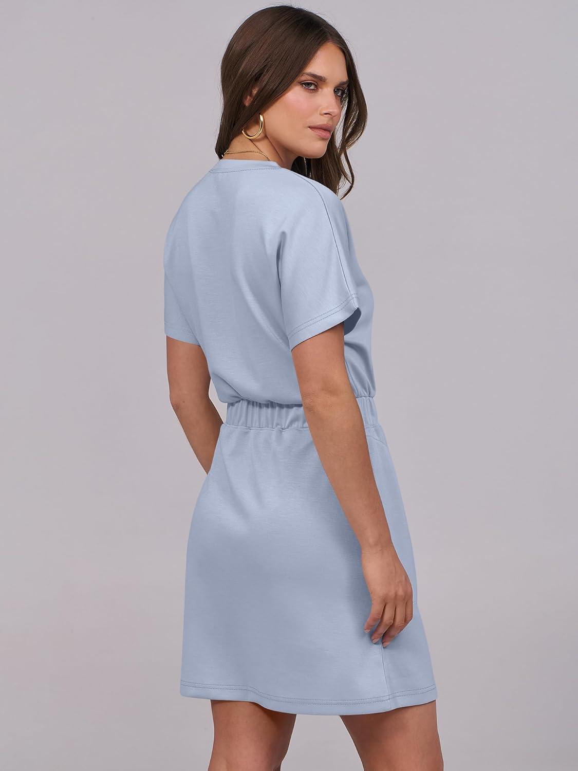 imageANRABESS Womens Dresses 2025 Summer Casual Short Sleeve Crew Neck Elastic Waist Mini T Shirt Dress with PocketsLight Blue