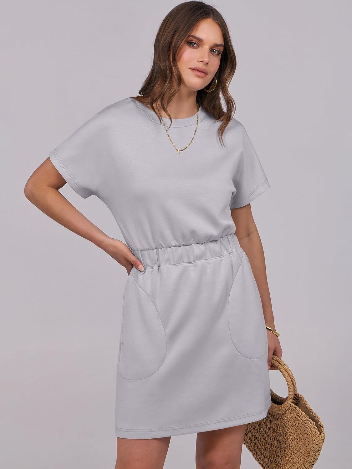 imageANRABESS Womens Dresses 2025 Summer Casual Short Sleeve Crew Neck Elastic Waist Mini T Shirt Dress with PocketsLight Grey