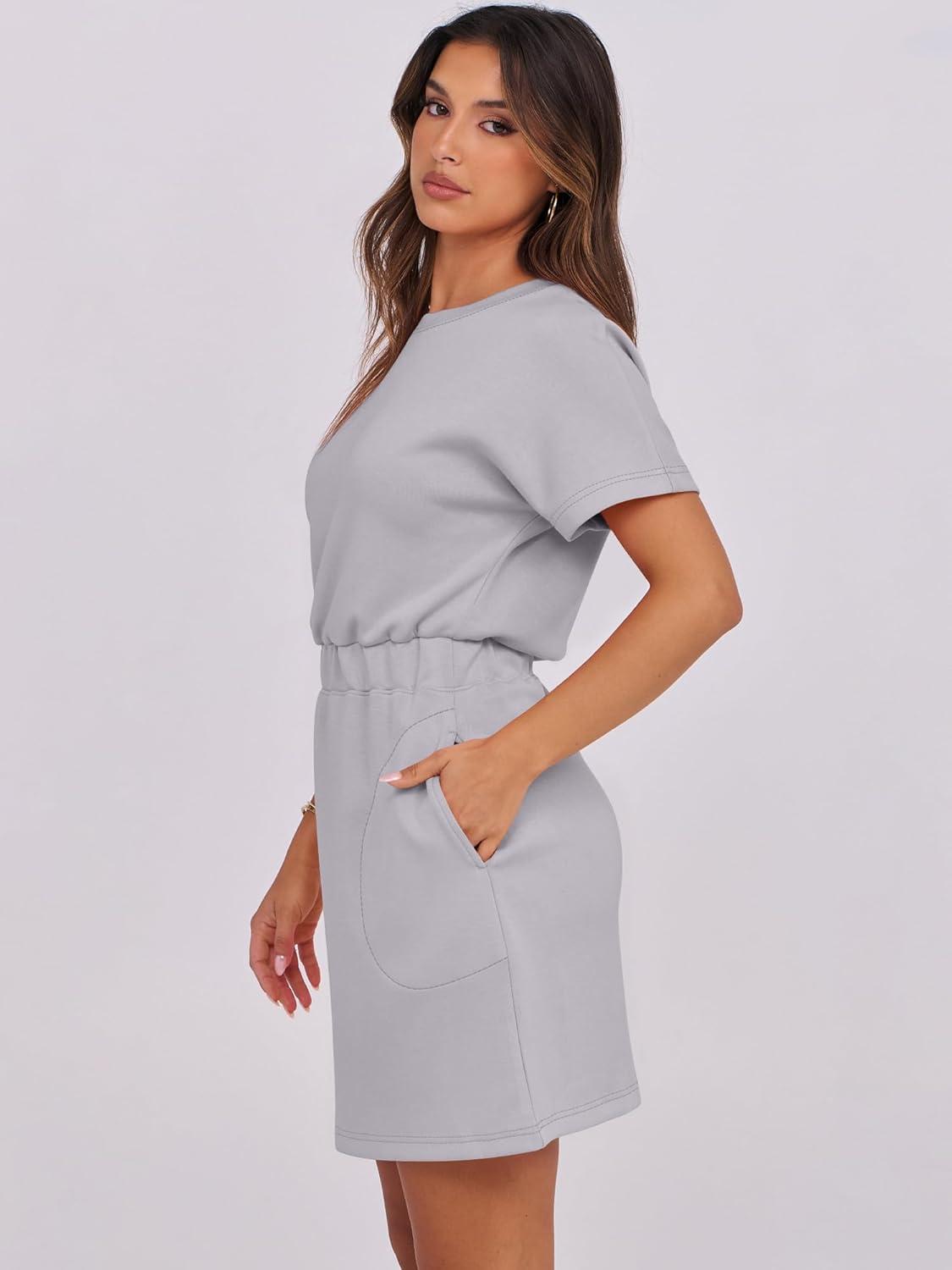 imageANRABESS Womens Dresses 2025 Summer Casual Short Sleeve Crew Neck Elastic Waist Mini T Shirt Dress with PocketsLight Grey