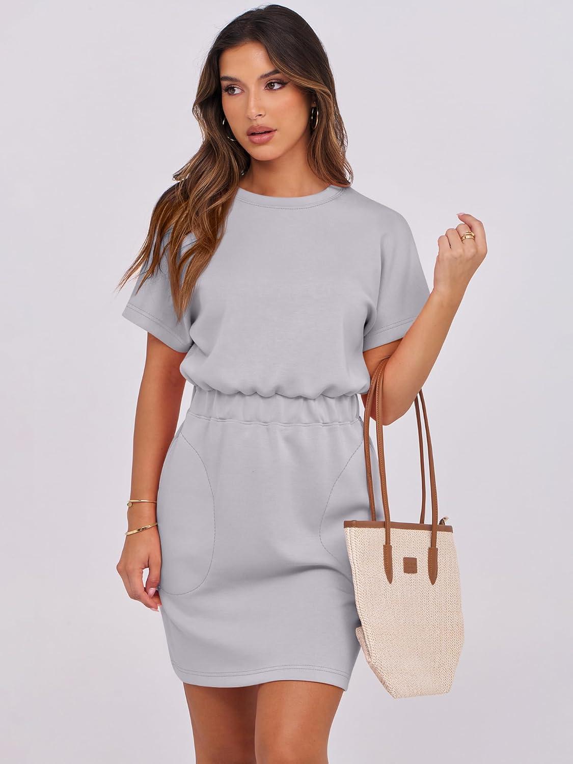 imageANRABESS Womens Dresses 2025 Summer Casual Short Sleeve Crew Neck Elastic Waist Mini T Shirt Dress with PocketsLight Grey