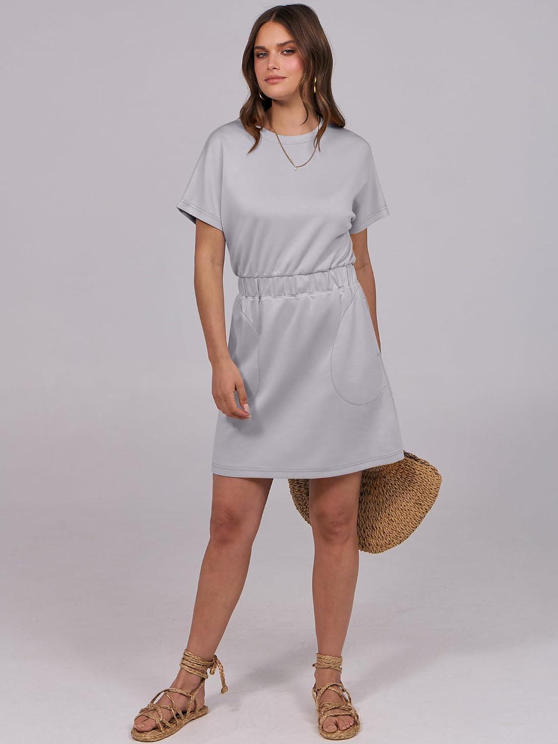 imageANRABESS Womens Dresses 2025 Summer Casual Short Sleeve Crew Neck Elastic Waist Mini T Shirt Dress with PocketsLight Grey