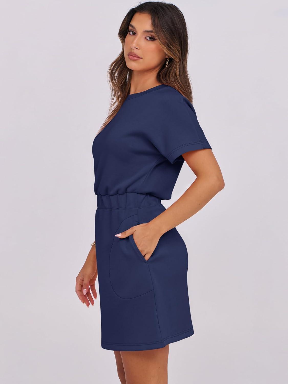 imageANRABESS Womens Dresses 2025 Summer Casual Short Sleeve Crew Neck Elastic Waist Mini T Shirt Dress with PocketsNavy Blue