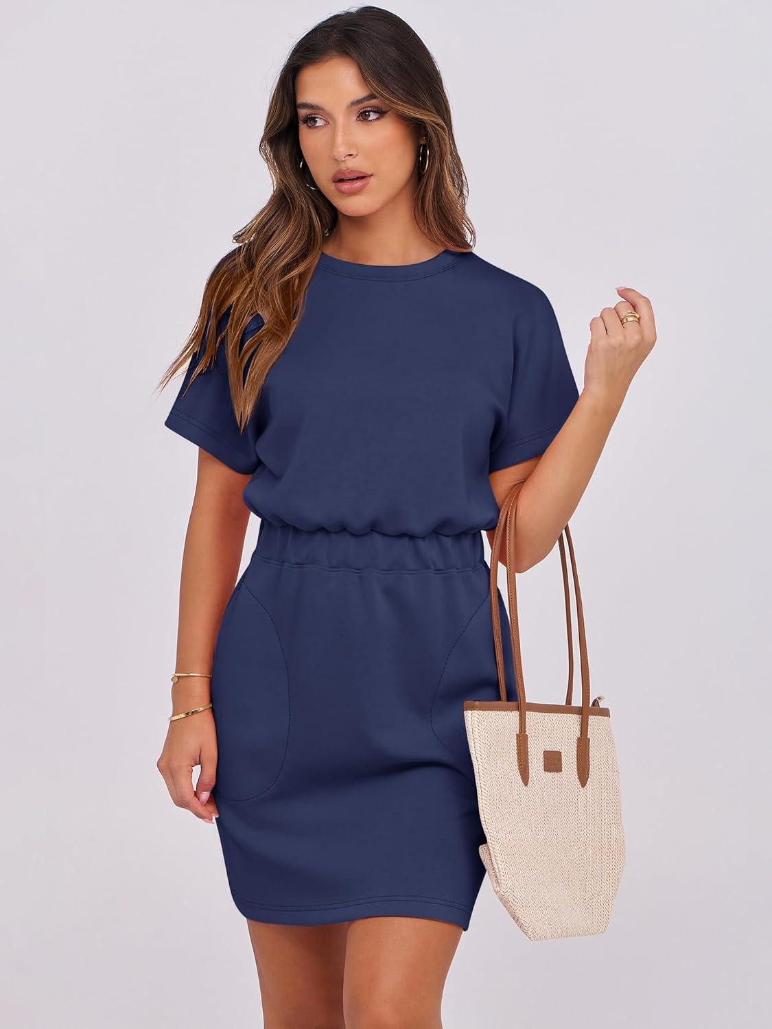 imageANRABESS Womens Dresses 2025 Summer Casual Short Sleeve Crew Neck Elastic Waist Mini T Shirt Dress with PocketsNavy Blue