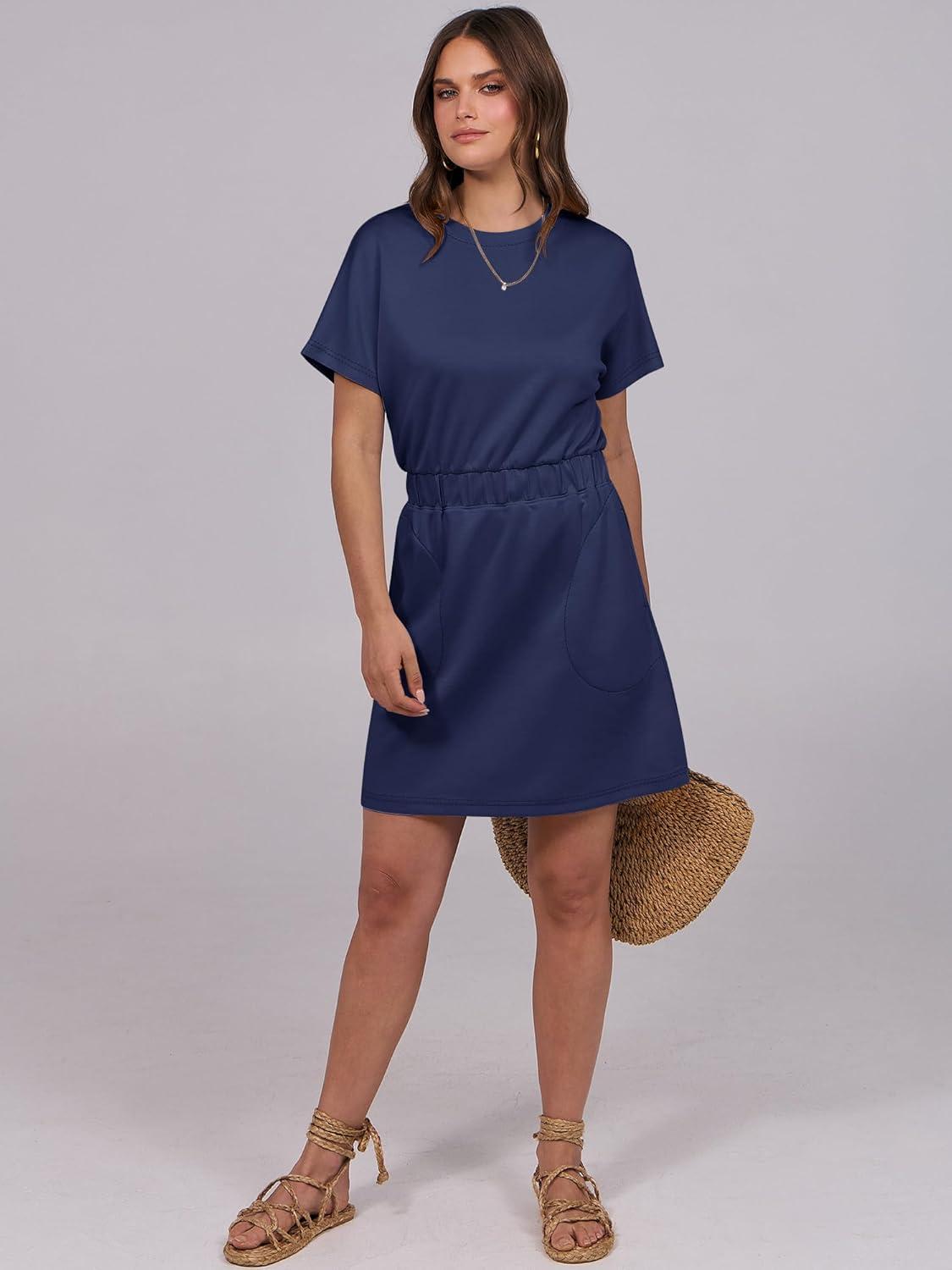 imageANRABESS Womens Dresses 2025 Summer Casual Short Sleeve Crew Neck Elastic Waist Mini T Shirt Dress with PocketsNavy Blue