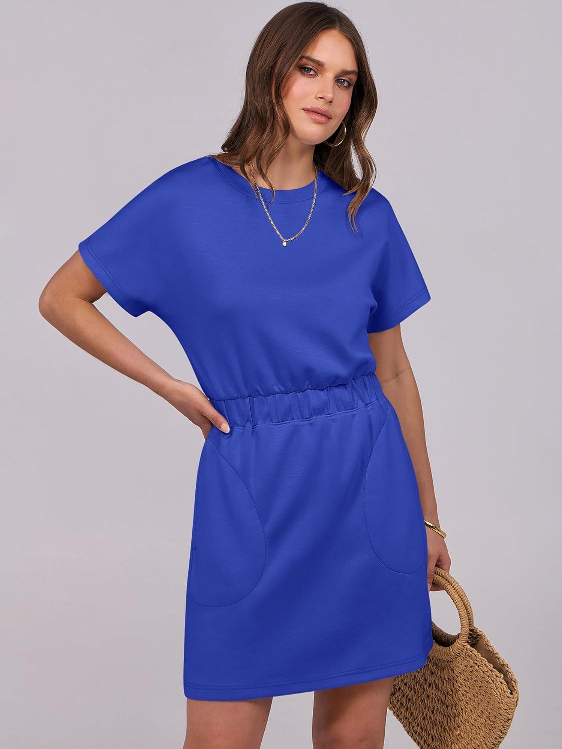 imageANRABESS Womens Dresses 2025 Summer Casual Short Sleeve Crew Neck Elastic Waist Mini T Shirt Dress with PocketsRoyal Blue