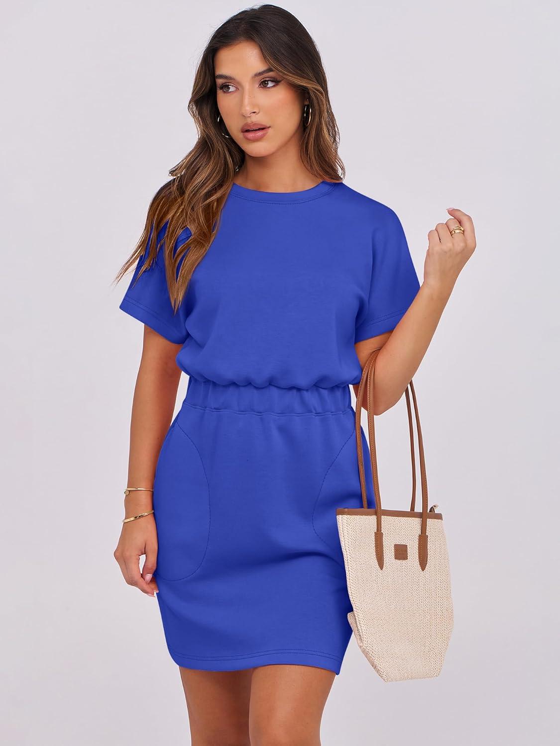 imageANRABESS Womens Dresses 2025 Summer Casual Short Sleeve Crew Neck Elastic Waist Mini T Shirt Dress with PocketsRoyal Blue