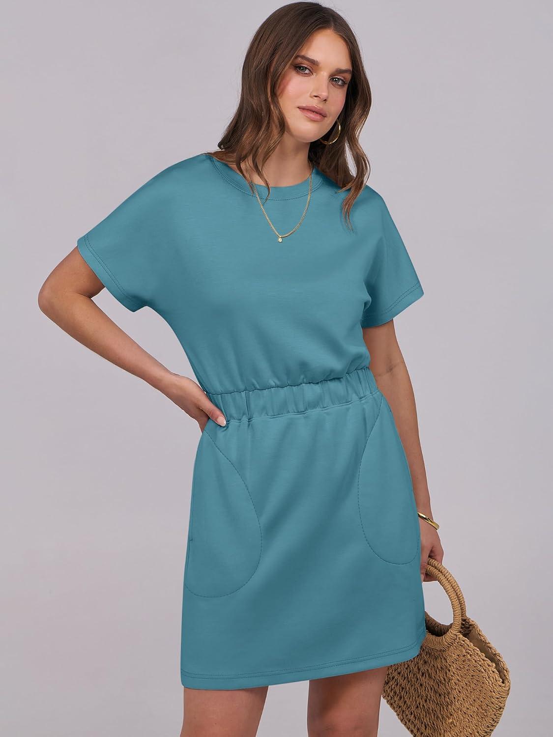 imageANRABESS Womens Dresses 2025 Summer Casual Short Sleeve Crew Neck Elastic Waist Mini T Shirt Dress with PocketsTeal