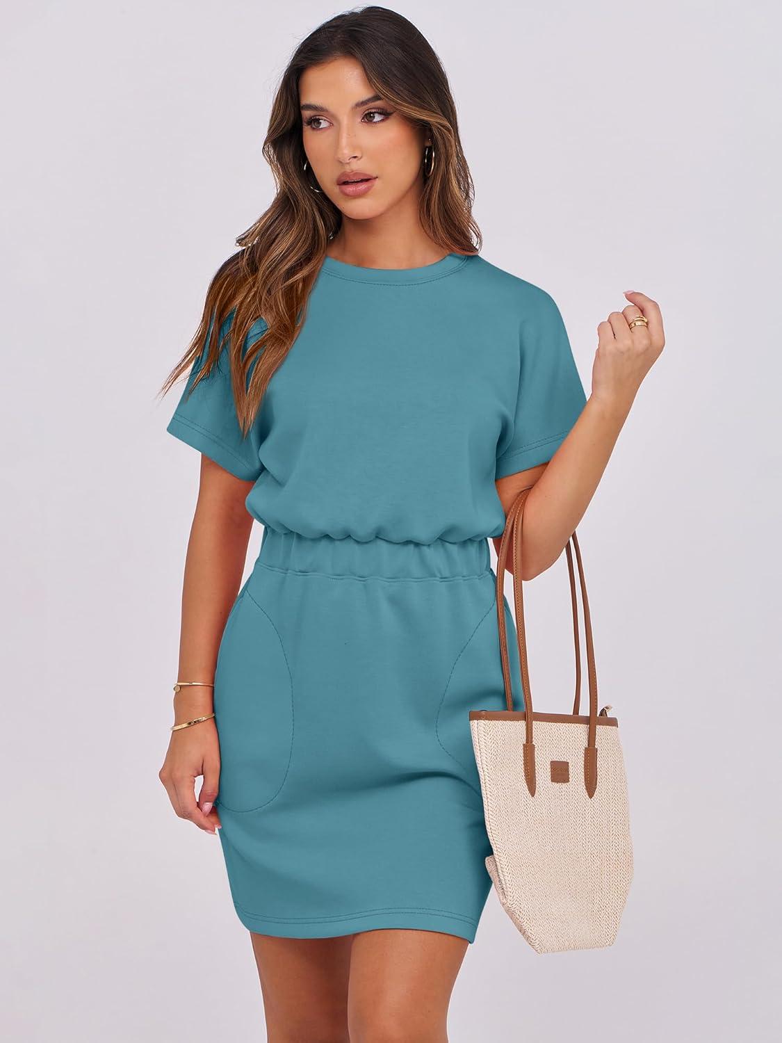 imageANRABESS Womens Dresses 2025 Summer Casual Short Sleeve Crew Neck Elastic Waist Mini T Shirt Dress with PocketsTeal
