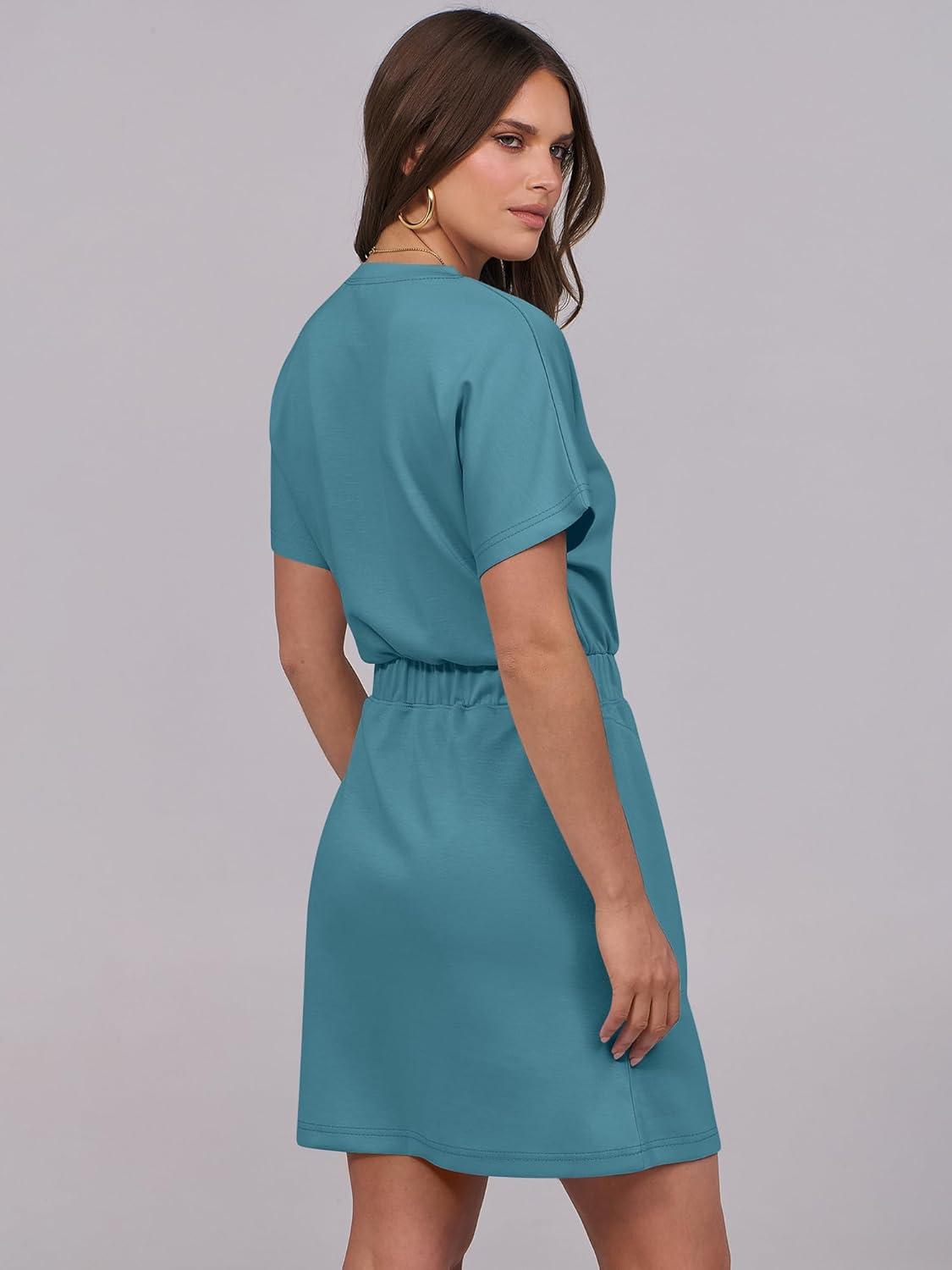 imageANRABESS Womens Dresses 2025 Summer Casual Short Sleeve Crew Neck Elastic Waist Mini T Shirt Dress with PocketsTeal