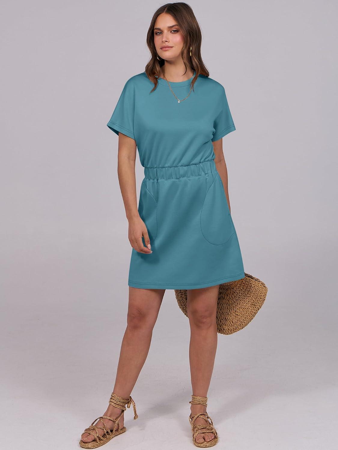 imageANRABESS Womens Dresses 2025 Summer Casual Short Sleeve Crew Neck Elastic Waist Mini T Shirt Dress with PocketsTeal