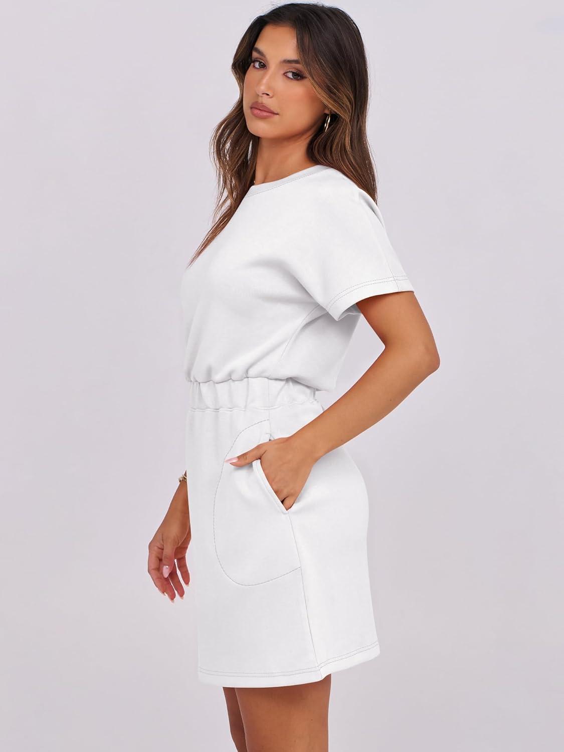 imageANRABESS Womens Dresses 2025 Summer Casual Short Sleeve Crew Neck Elastic Waist Mini T Shirt Dress with PocketsWhite