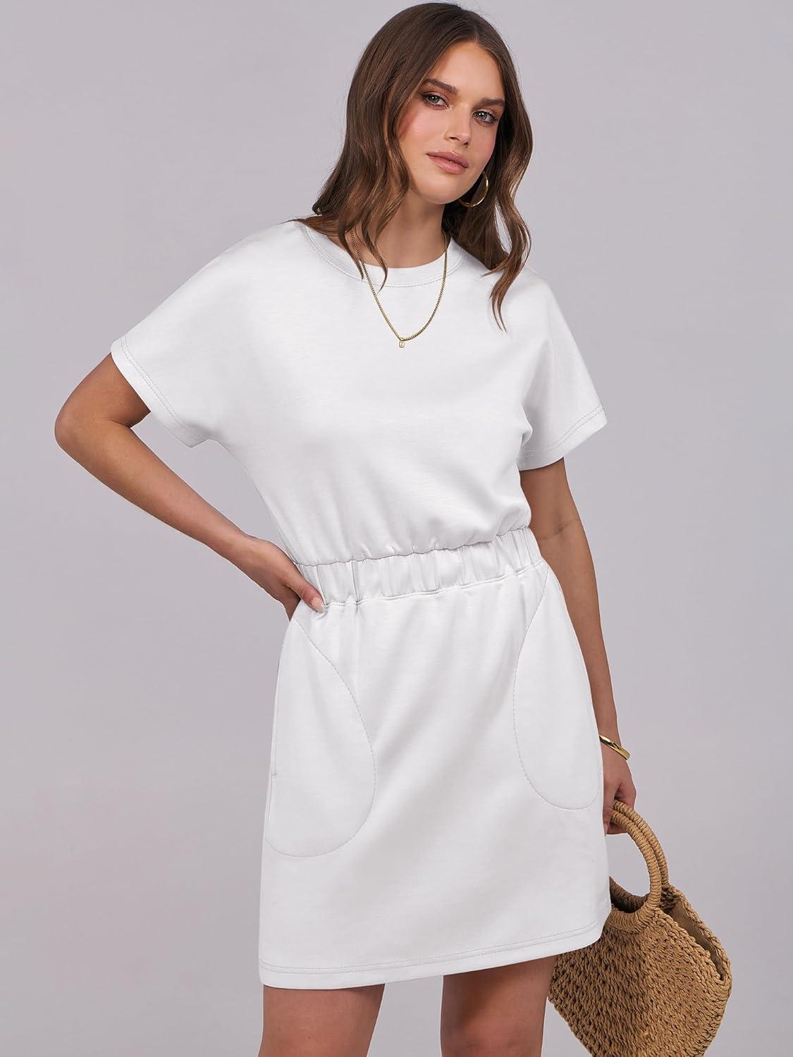 imageANRABESS Womens Dresses 2025 Summer Casual Short Sleeve Crew Neck Elastic Waist Mini T Shirt Dress with PocketsWhite
