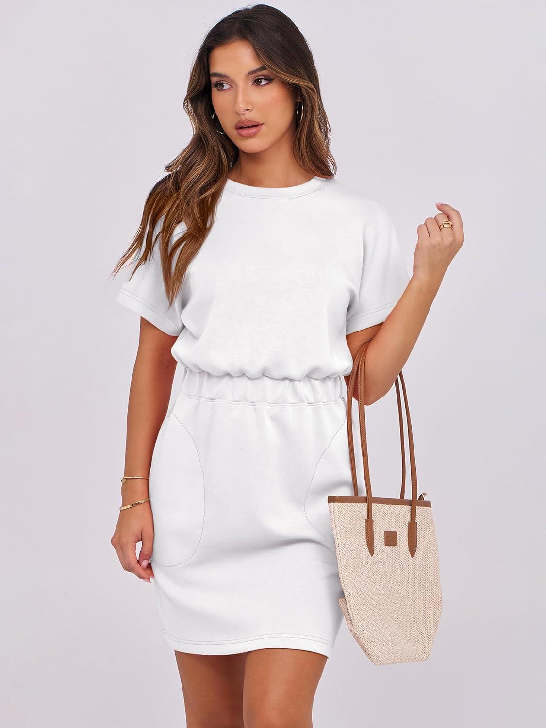 imageANRABESS Womens Dresses 2025 Summer Casual Short Sleeve Crew Neck Elastic Waist Mini T Shirt Dress with PocketsWhite