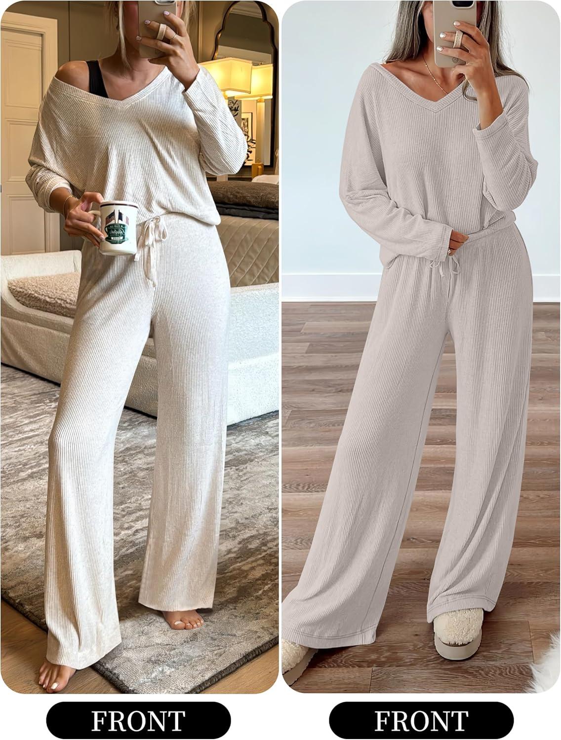 imageANRABESS Womens Fleece Pajama Sets 2 Piece Outfits Matching Lounge Set Casual Ribbed Knit Long Sleeve Pj 2025 Fall SleepwearBeige