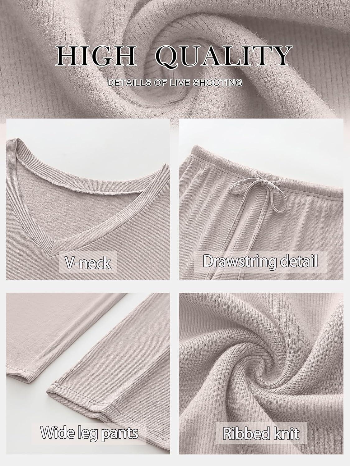 imageANRABESS Womens Fleece Pajama Sets 2 Piece Outfits Matching Lounge Set Casual Ribbed Knit Long Sleeve Pj 2025 Fall SleepwearBeige