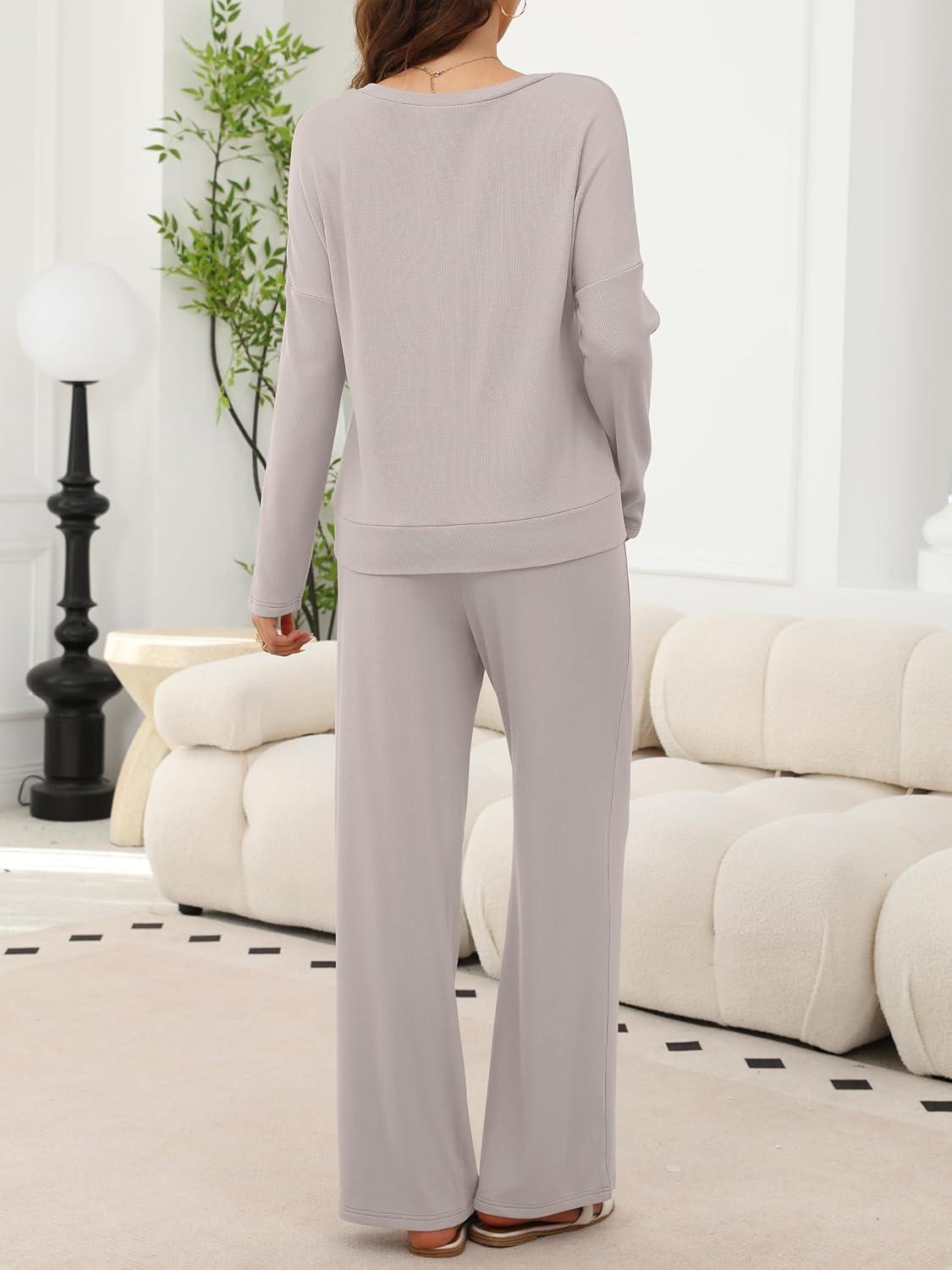 imageANRABESS Womens Fleece Pajama Sets 2 Piece Outfits Matching Lounge Set Casual Ribbed Knit Long Sleeve Pj 2025 Fall SleepwearBeige