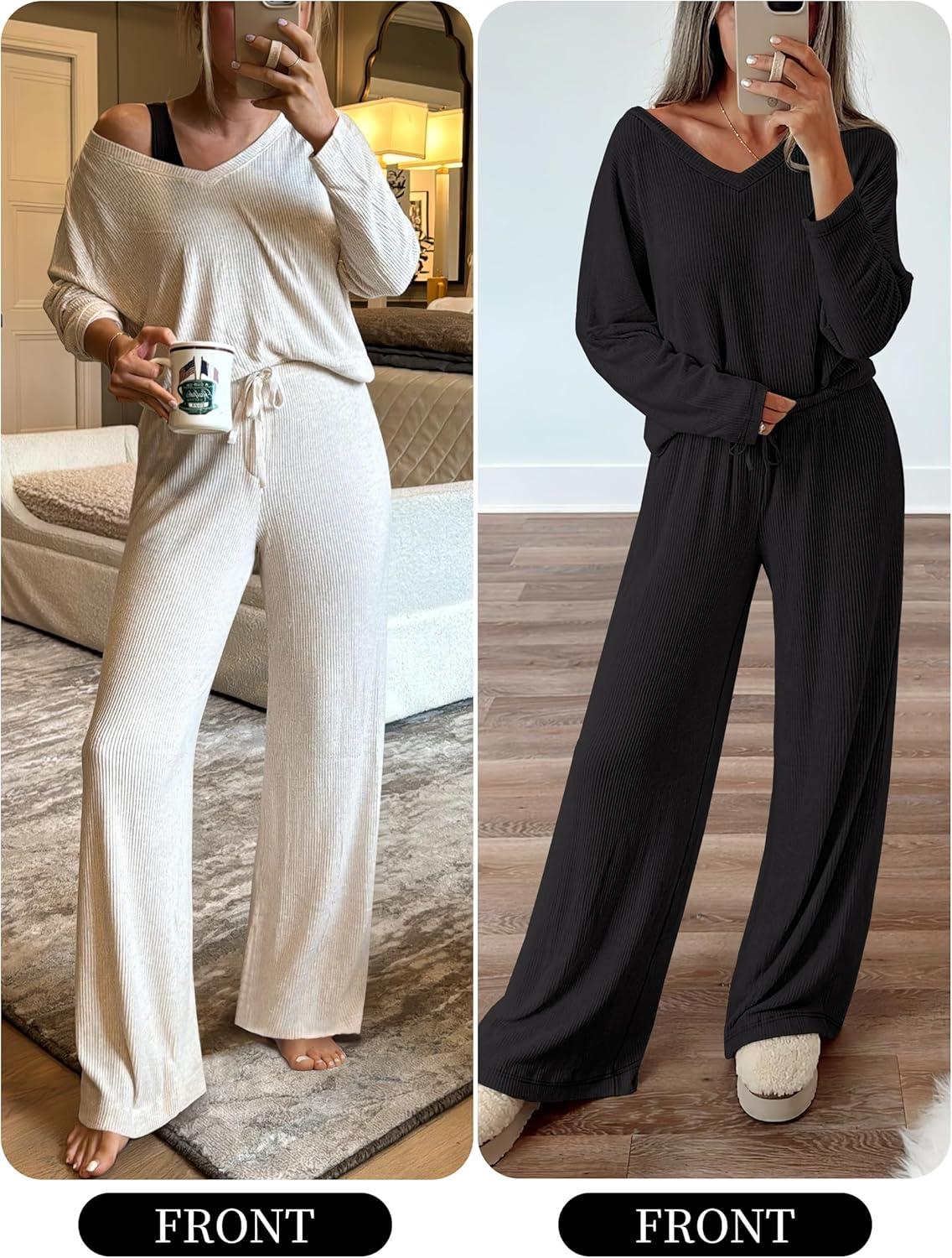 imageANRABESS Womens Fleece Pajama Sets 2 Piece Outfits Matching Lounge Set Casual Ribbed Knit Long Sleeve Pj 2025 Fall SleepwearBlack