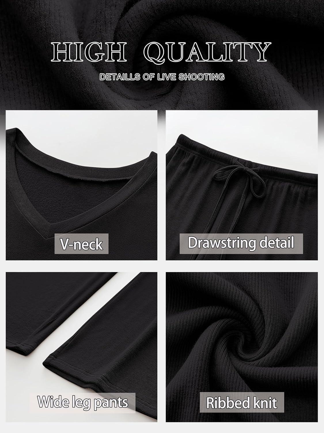 imageANRABESS Womens Fleece Pajama Sets 2 Piece Outfits Matching Lounge Set Casual Ribbed Knit Long Sleeve Pj 2025 Fall SleepwearBlack