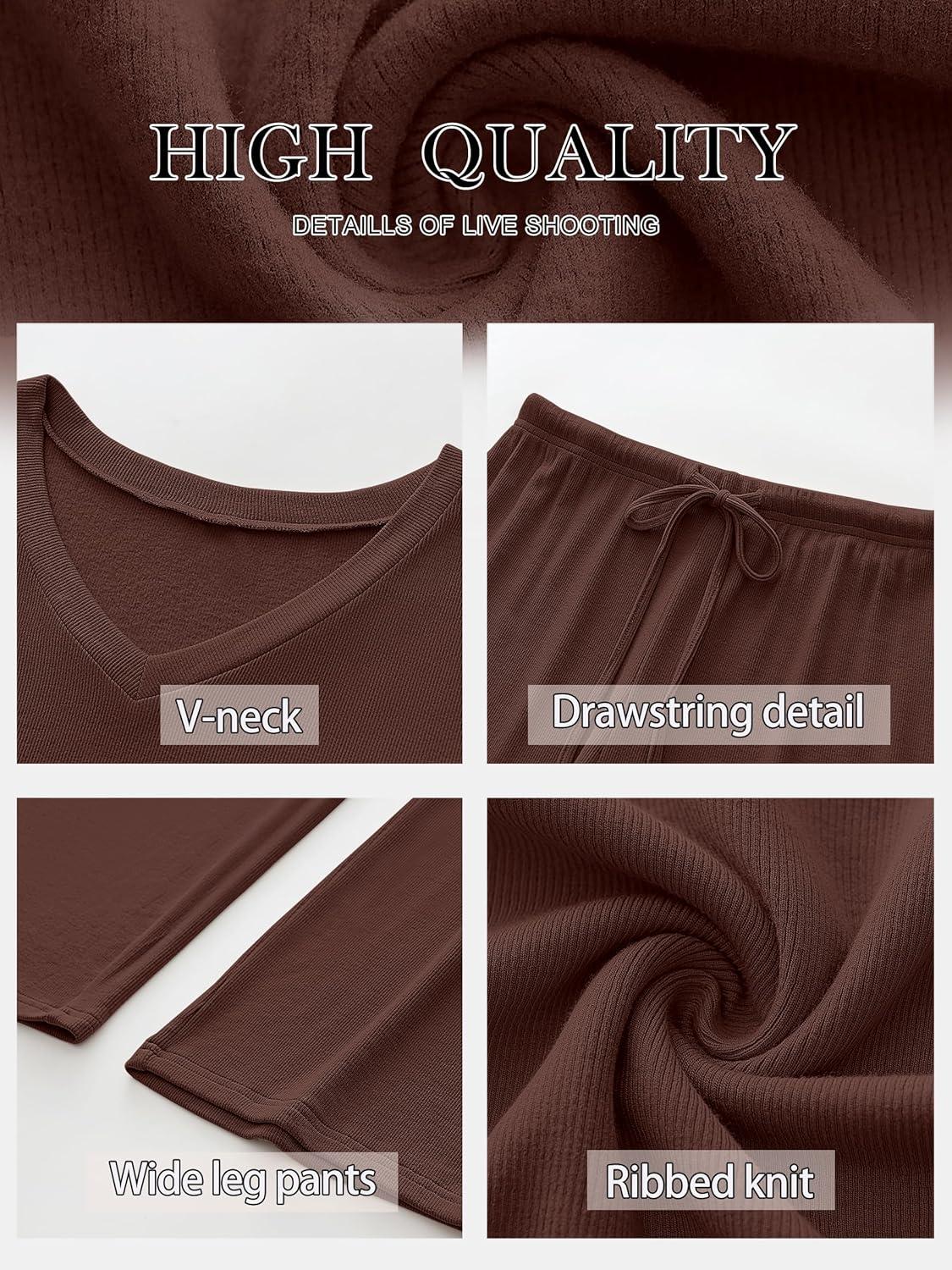 imageANRABESS Womens Fleece Pajama Sets 2 Piece Outfits Matching Lounge Set Casual Ribbed Knit Long Sleeve Pj 2025 Fall SleepwearDark Brown