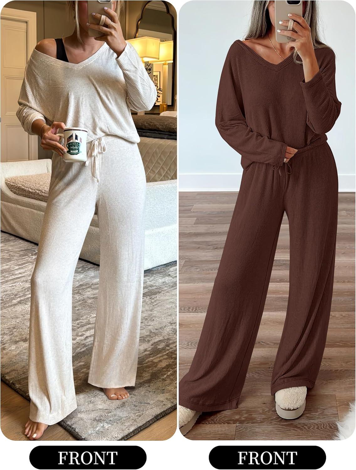 imageANRABESS Womens Fleece Pajama Sets 2 Piece Outfits Matching Lounge Set Casual Ribbed Knit Long Sleeve Pj 2025 Fall SleepwearDark Brown