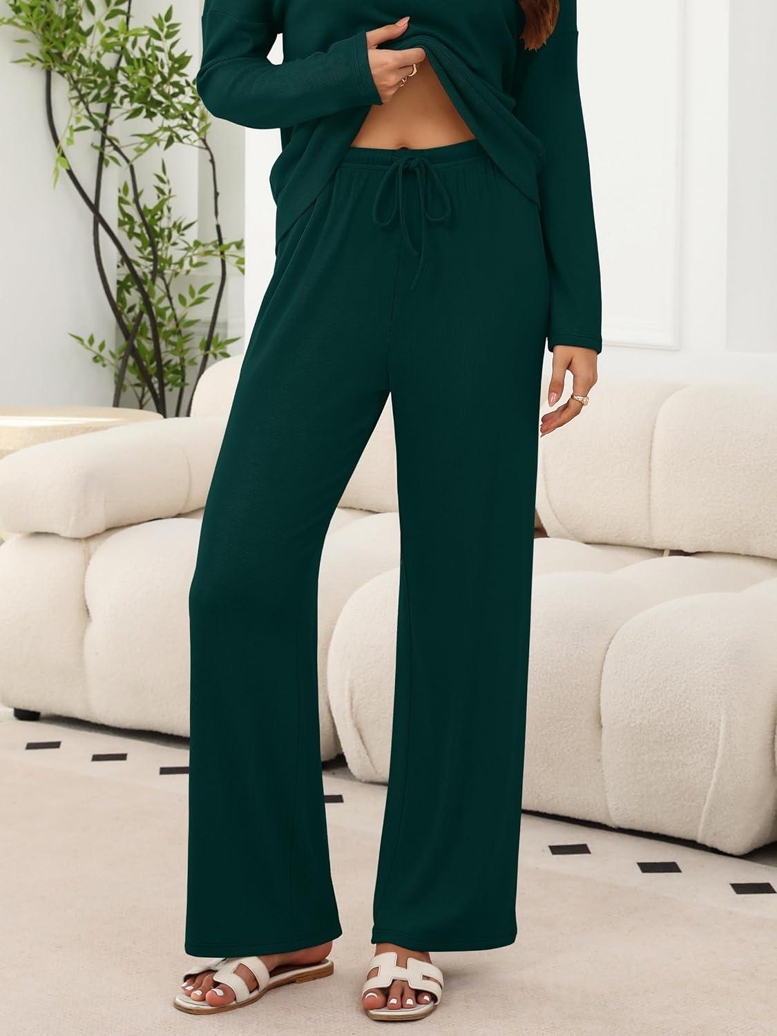 imageANRABESS Womens Fleece Pajama Sets 2 Piece Outfits Matching Lounge Set Casual Ribbed Knit Long Sleeve Pj 2025 Fall SleepwearDark Green