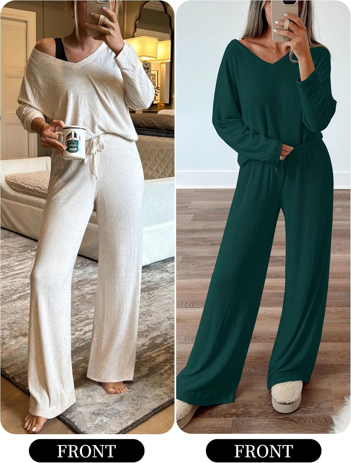 imageANRABESS Womens Fleece Pajama Sets 2 Piece Outfits Matching Lounge Set Casual Ribbed Knit Long Sleeve Pj 2025 Fall SleepwearDark Green