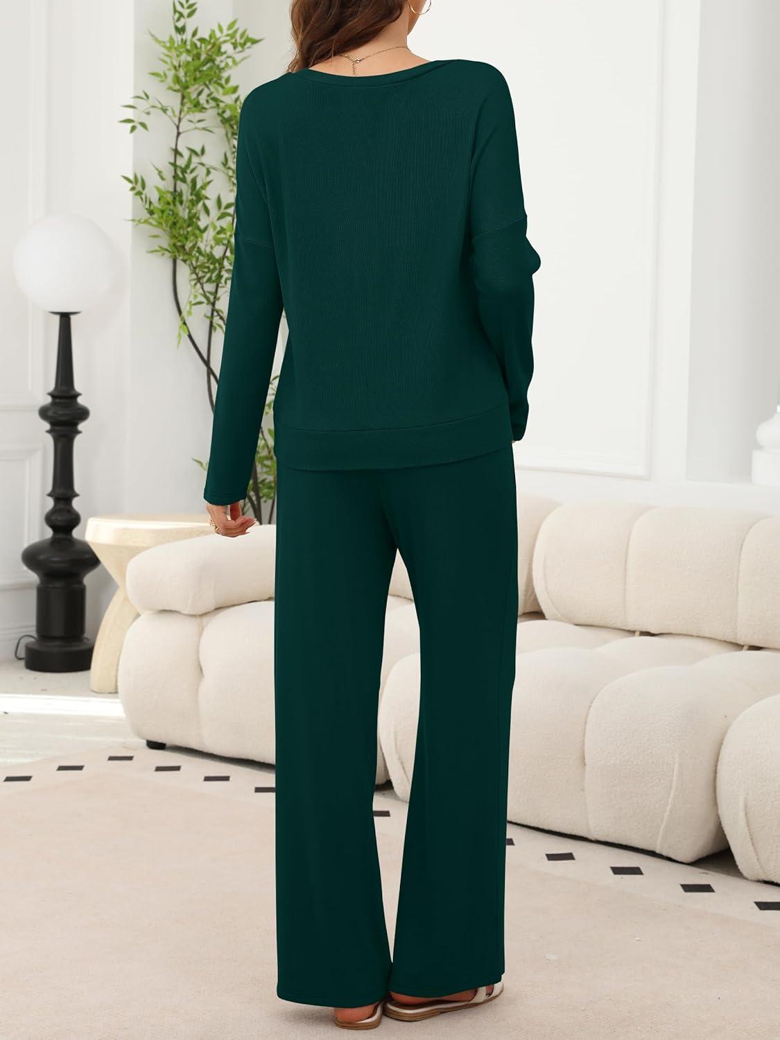 imageANRABESS Womens Fleece Pajama Sets 2 Piece Outfits Matching Lounge Set Casual Ribbed Knit Long Sleeve Pj 2025 Fall SleepwearDark Green