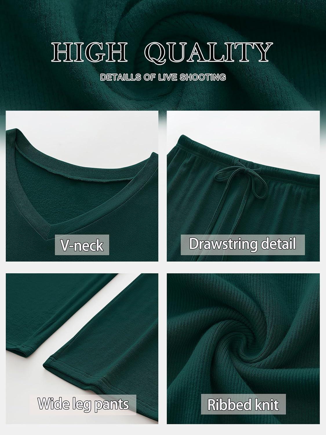 imageANRABESS Womens Fleece Pajama Sets 2 Piece Outfits Matching Lounge Set Casual Ribbed Knit Long Sleeve Pj 2025 Fall SleepwearDark Green